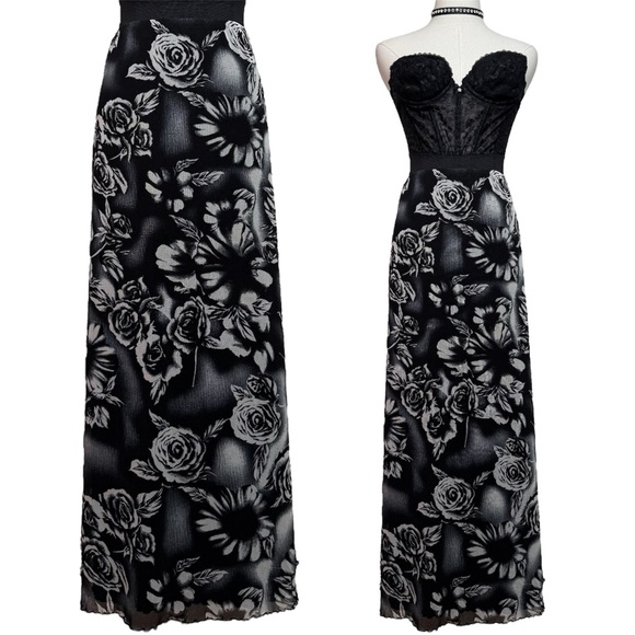Vintage Dresses & Skirts - y2k Vintage Black White Dark Floral Rose Micro Mesh Lettuce Hem Skirt Small